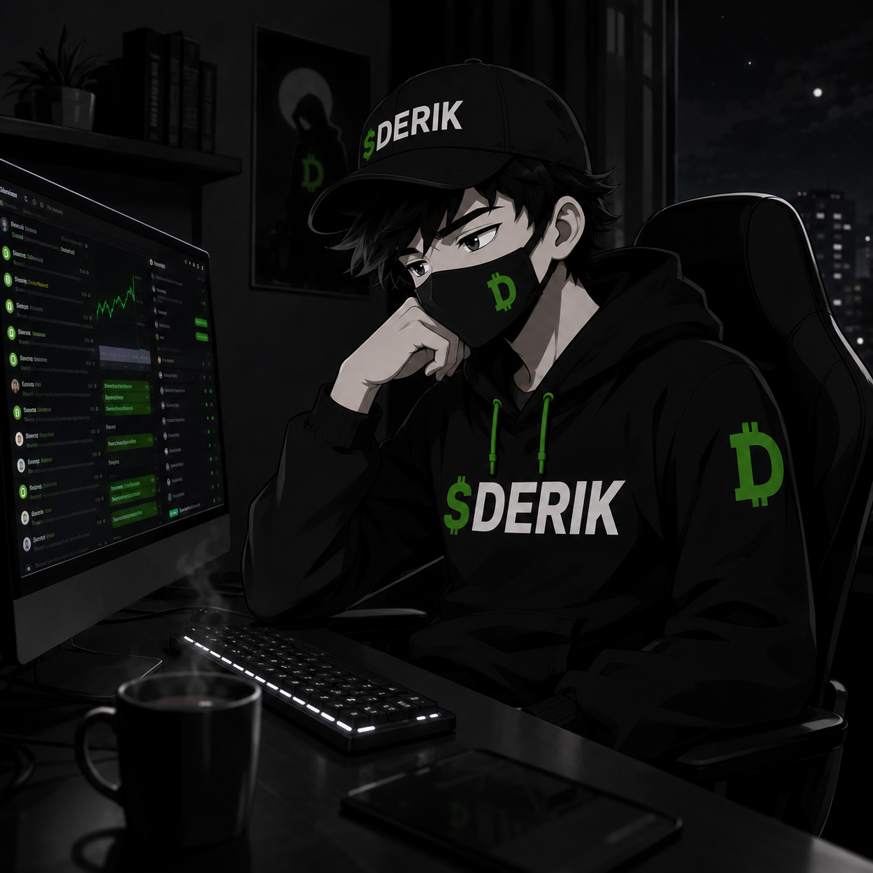 DERIK watching charts at a computer at night