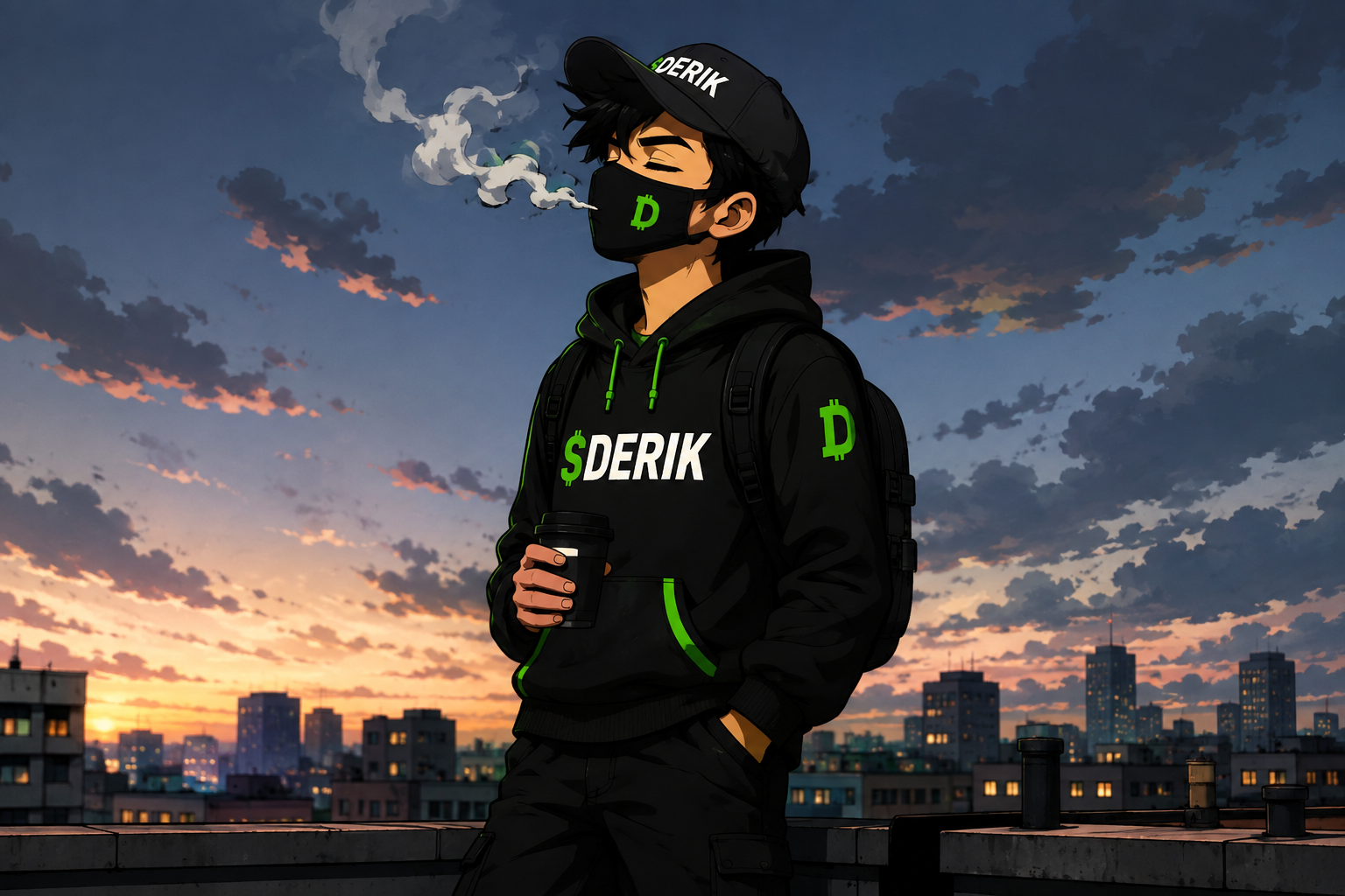 DERIK on a rooftop above the city at sunset