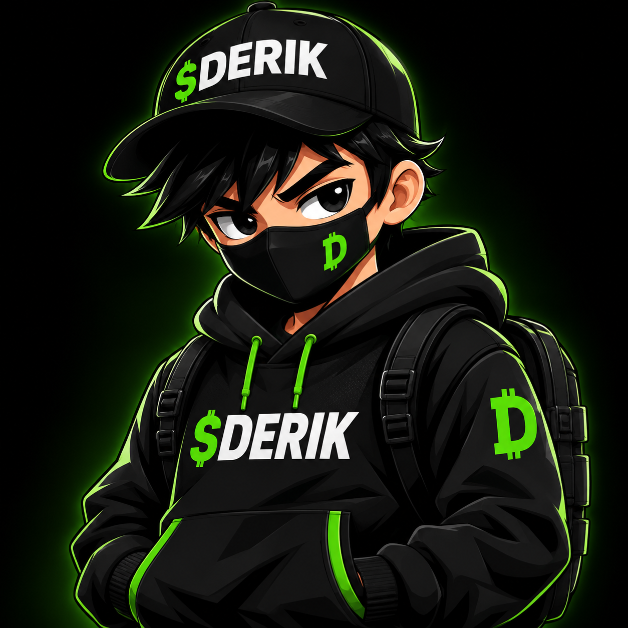 DERIK mascot in a black $DERIK hoodie and cap